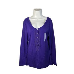 Old Navy Ruffle Henley Long Sleeve Knit Tee Button Front Women's XL Purple Shirt
